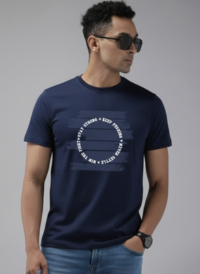 Unbrnd Graphic Print Men Crew Neck Navy Blue T-Shirt