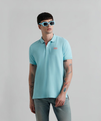 JACK & JONES Solid Men Polo Neck Blue T-Shirt