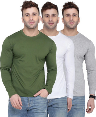Kroptee Solid Men Round Neck Green, White, Grey T-Shirt