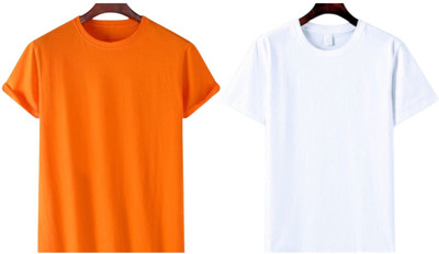 TTFE Solid Men Round Neck Orange, White T-Shirt