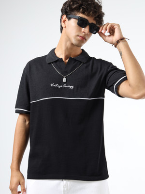 Glitchez Self Design Men Polo Neck Grey T-Shirt