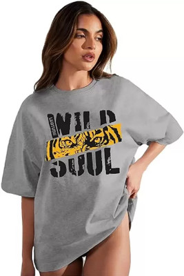 Leotude Printed, Typography Women Round Neck Grey T-Shirt