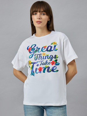 98 Degree North Printed Women Round Neck White T-Shirt