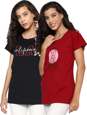 TWF Solid Women Round Neck Black, Red T-Shirt
