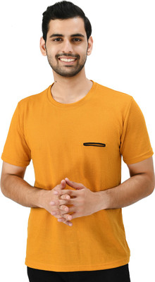 KAVYA Self Design Men Round Neck Yellow T-Shirt