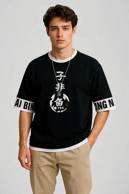 FAOES Printed Men Round Neck Black T-Shirt