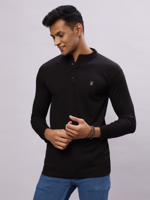 N AND J Solid Men Mandarin Collar Black T-Shirt