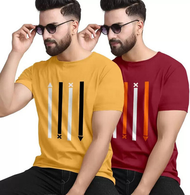REVIZO Printed Men Round Neck Yellow, Maroon T-Shirt