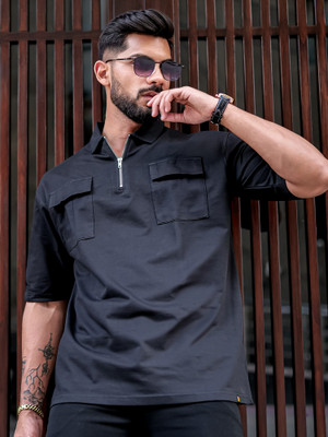 MANIAC Solid Men Polo Neck Black T-Shirt