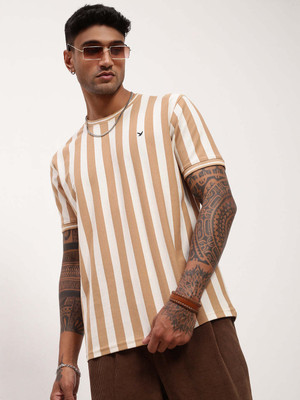 SHOWOFFFF Striped Men Round Neck Beige T-Shirt