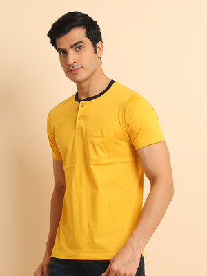 BERRYBLUES Solid Men Henley Neck Yellow T-Shirt
