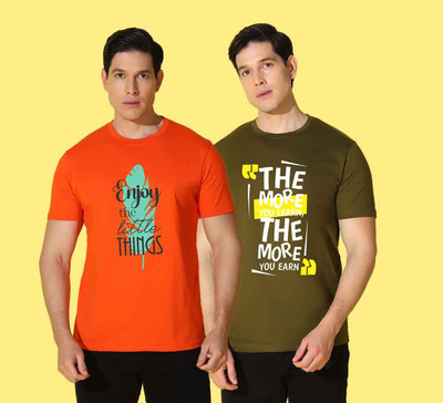 WOOSTRO Printed, Solid Men Round Neck Orange, Green T-Shirt