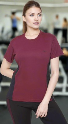 White Moon Colorblock Women Round Neck Maroon T-Shirt