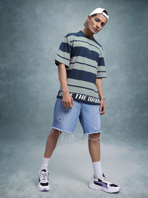 Roadster Striped Men Round Neck Blue T-Shirt
