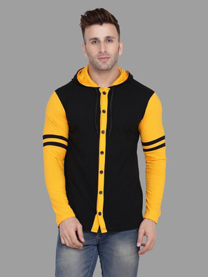 Money Leaf Colorblock Men Hooded Neck Black, Yellow T-Shirt