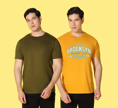 WOOSTRO Printed Men Round Neck Light Green, Yellow T-Shirt