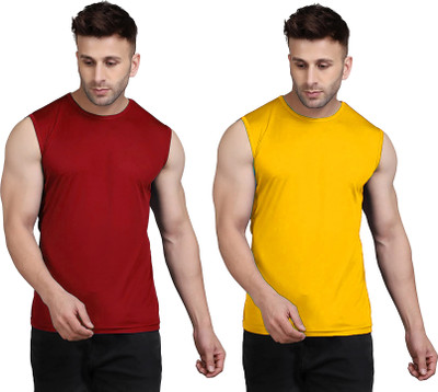 UDI n ADI Solid Men Round Neck Maroon, Yellow T-Shirt