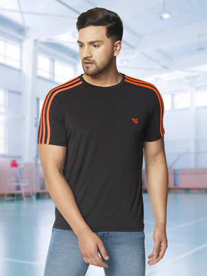 GLITO Colorblock Men Round Neck Black, Orange T-Shirt