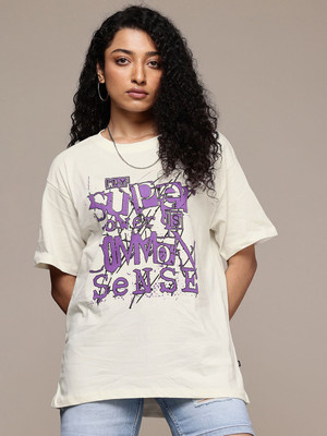 Roadster Printed Women Round Neck White T-Shirt