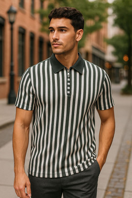 INSPRIE Striped Men Zip Neck Grey, White T-Shirt