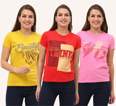 FEDAMSEL Printed, Typography Women Round Neck Multicolor T-Shirt