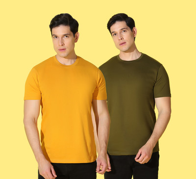 WOOSTRO Solid Men Round Neck Green, Yellow T-Shirt