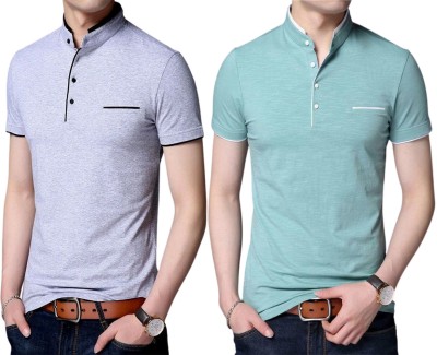 Yezi Solid Men Mandarin Collar Grey, Light Green T-Shirt