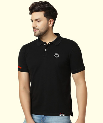 London Hills Embroidered, Solid Men Polo Neck Black T-Shirt