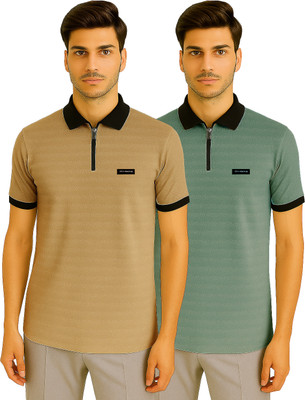 RMLKN Solid Men Zip Neck Multicolor T-Shirt