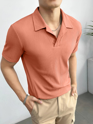 FATICHAR Solid Men Polo Neck Pink T-Shirt