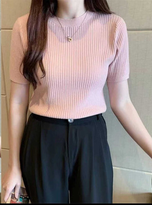 Everfab Self Design Women Round Neck Pink T-Shirt