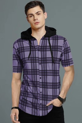 GARBLY CLUB Checkered Men Hooded Neck Purple T-Shirt