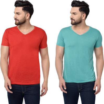 Tresna Fab Solid Men V Neck Red, Light Green T-Shirt