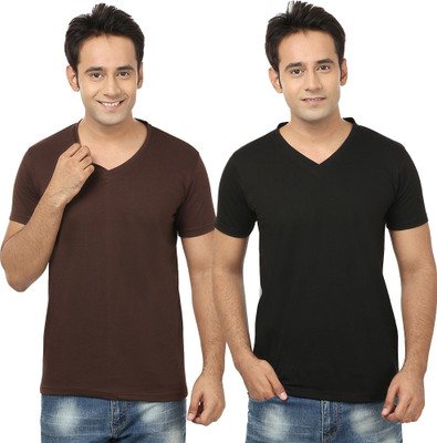 Tresna Trending Self Design, Solid Men V Neck Brown, Black T-Shirt