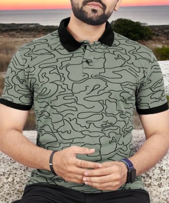 BRIGHT KRAFT Printed Men Polo Neck Dark Green T-Shirt