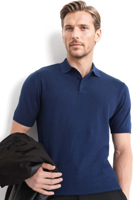 RARE RABBIT Solid Men Polo Neck Blue T-Shirt