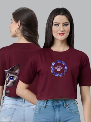 Elibolz Printed Women Round Neck Maroon T-Shirt