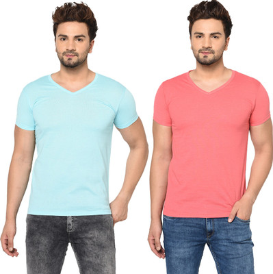 Tresna Trendy Solid Men V Neck Blue, Pink T-Shirt
