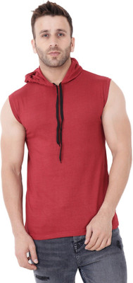 GEUM Solid Men Hooded Neck Red T-Shirt