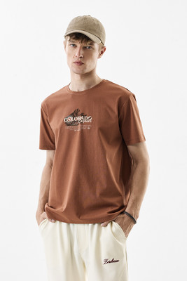 Snitch Floral Print Men Crew Neck Orange T-Shirt