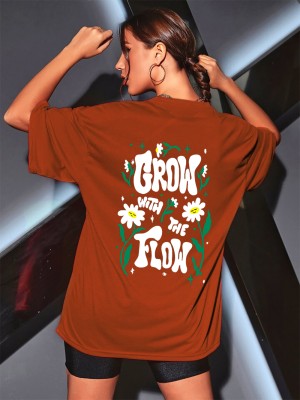 TQH Printed, Typography Women Round Neck Brown T-Shirt