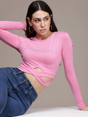 bebe Self Design Women Round Neck Pink T-Shirt