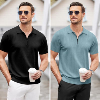 trueoath Solid, Self Design Men Polo Neck Black, Light Blue T-Shirt