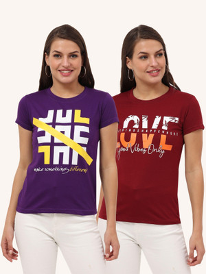 FEDAMSEL Printed, Typography Women Round Neck Maroon, Purple T-Shirt