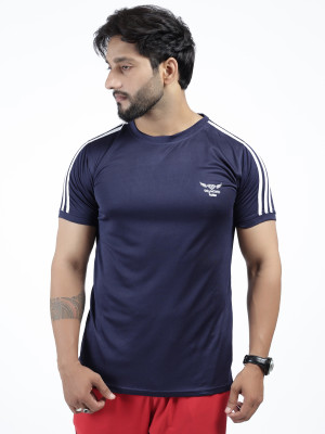 Diamond Fashion Striped Men Round Neck Navy Blue T-Shirt