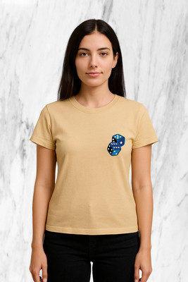 Buddy Collection Printed Women Round Neck Beige T-Shirt