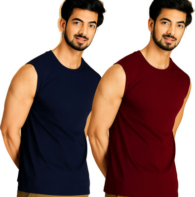 Jangoboy Solid Men Round Neck Dark Blue, Maroon T-Shirt