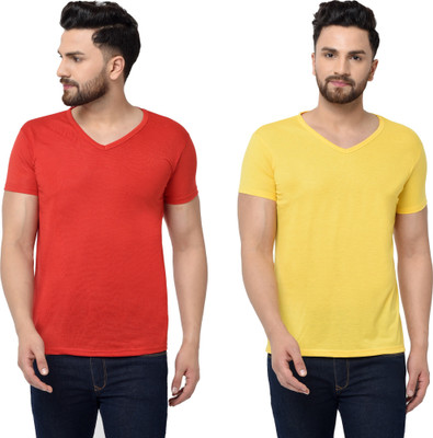 Adorbs Trend Solid Men V Neck Red, Yellow T-Shirt