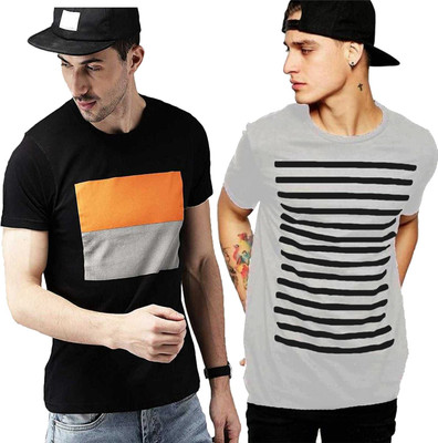 Wrodss Printed Men Round Neck Black, Grey T-Shirt