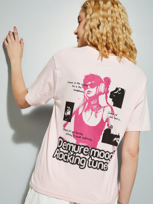 MAX Printed Women Round Neck Pink T-Shirt